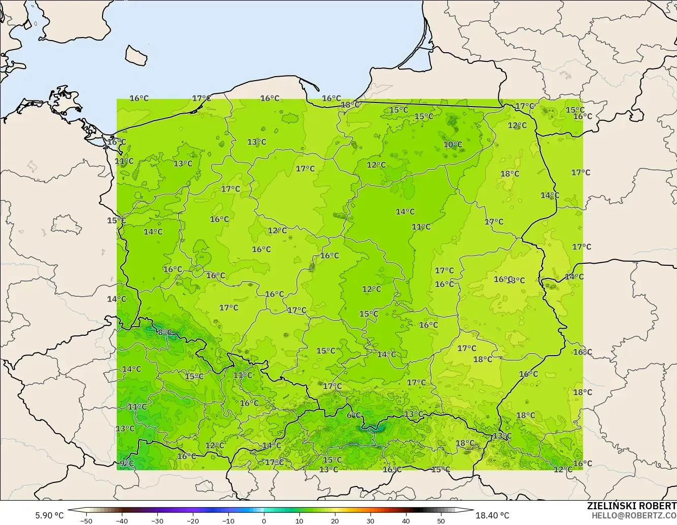 ICON Poland 2 km modelo - Poland, Temperature at 2m