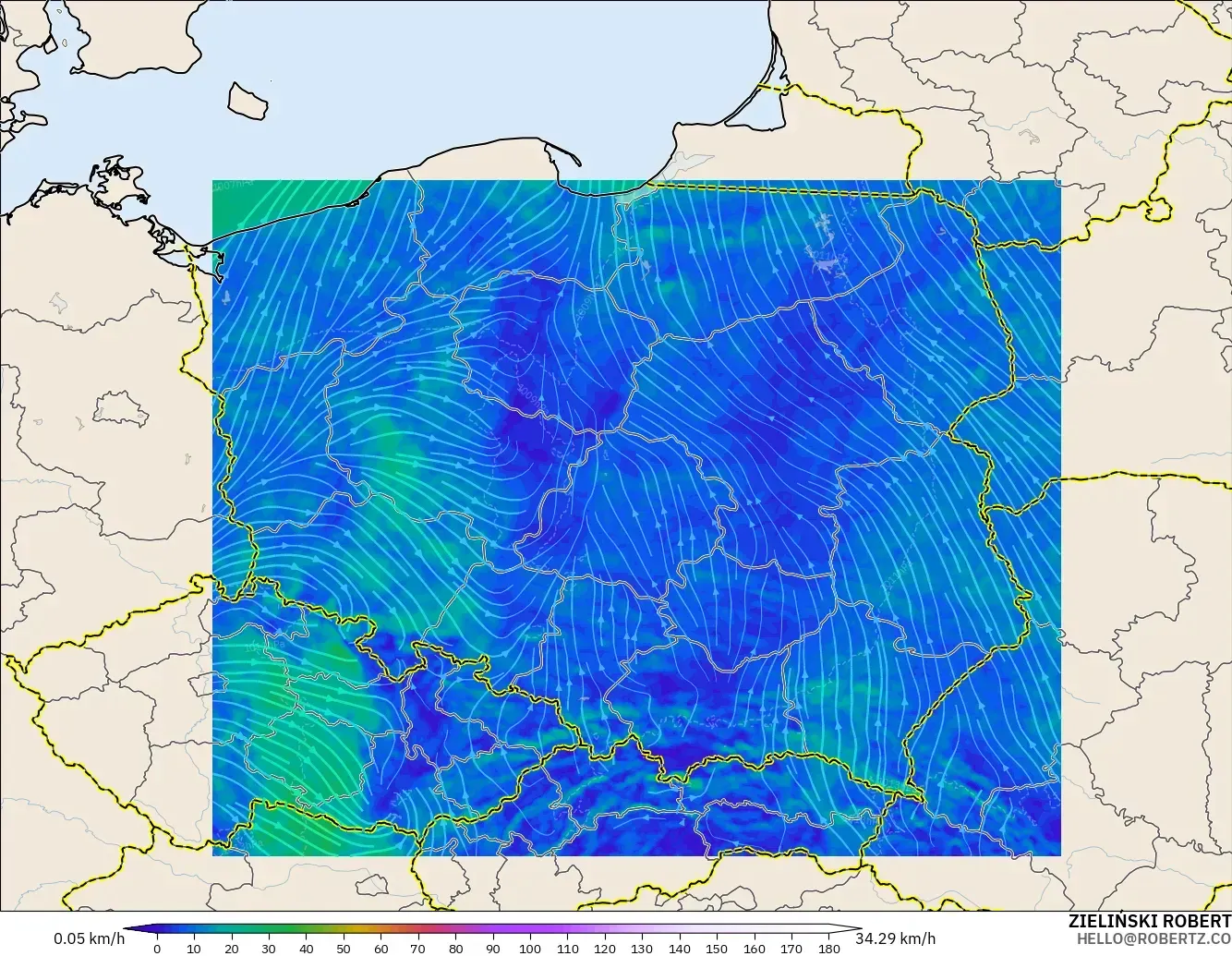 ICON Poland 2 km modelo - Poland, Wind at 10m