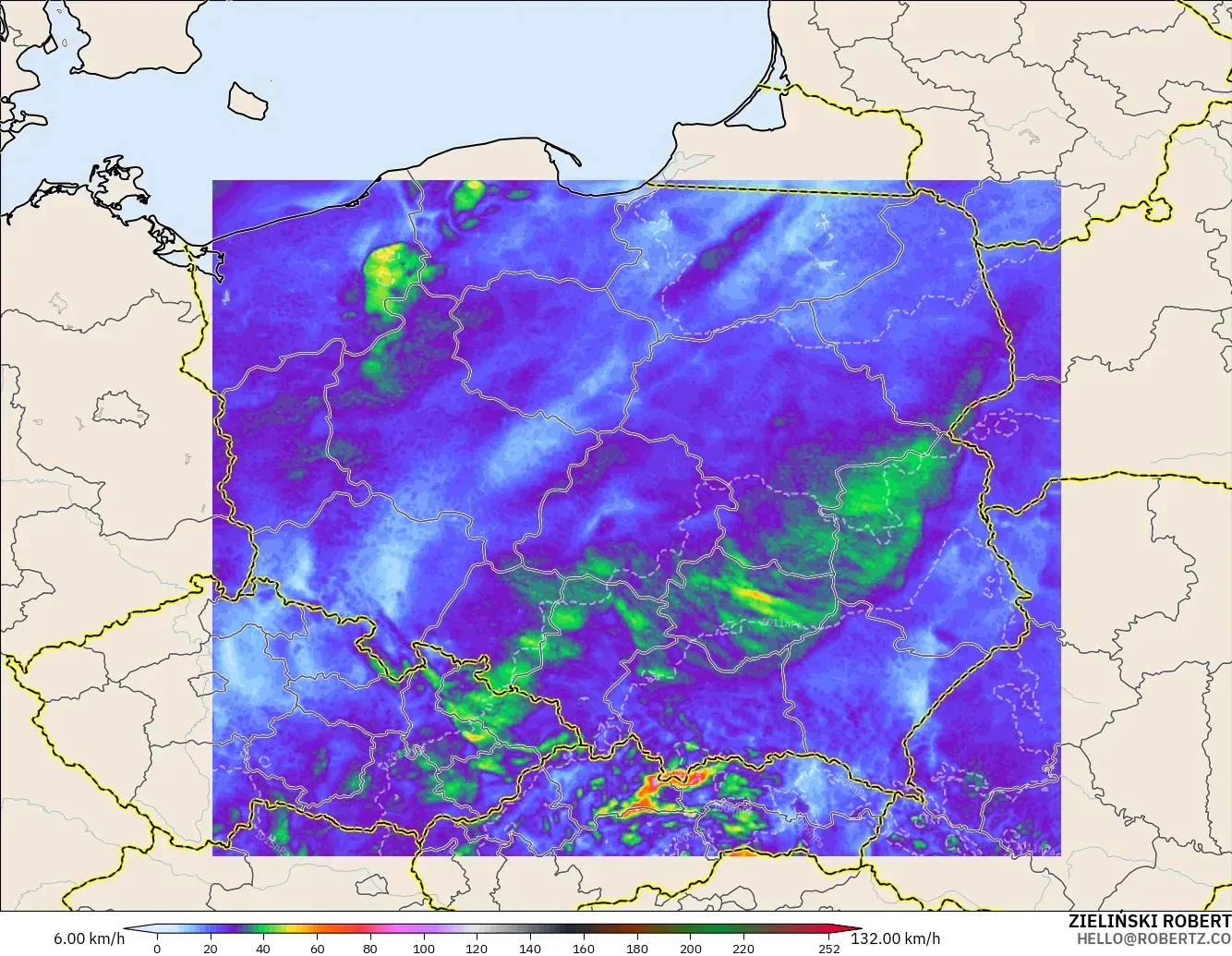 ICON Poland 2 km model - Poland, Wind Gusts Peak