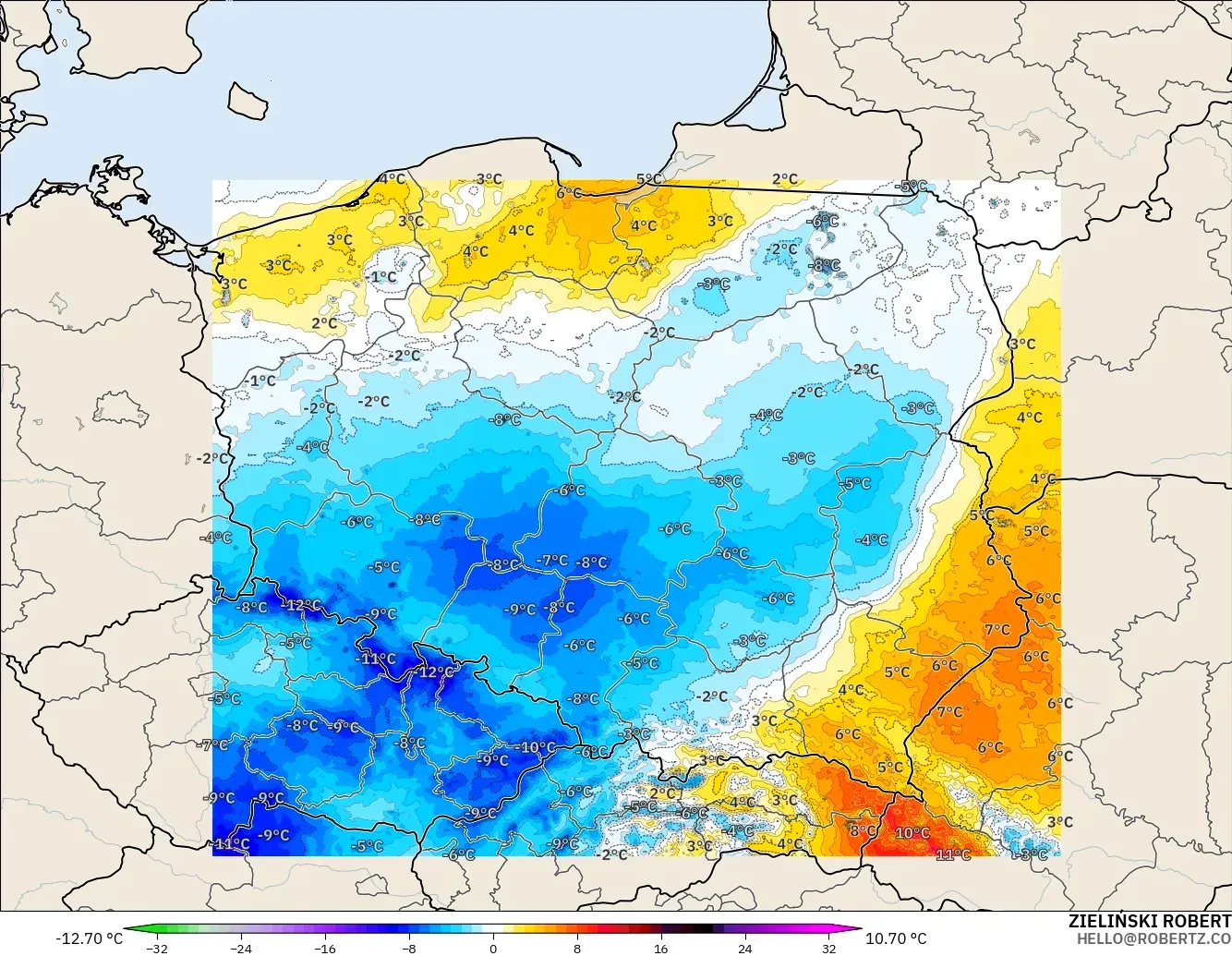 ICON Poland 2 km model - Poland, Temperature at 2m Anomaly