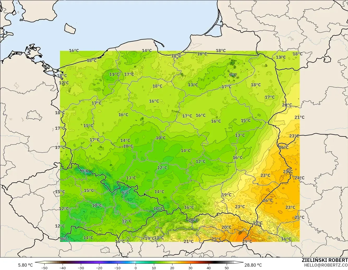 ICON Poland 2 km model - Poland, Temperature at 2m