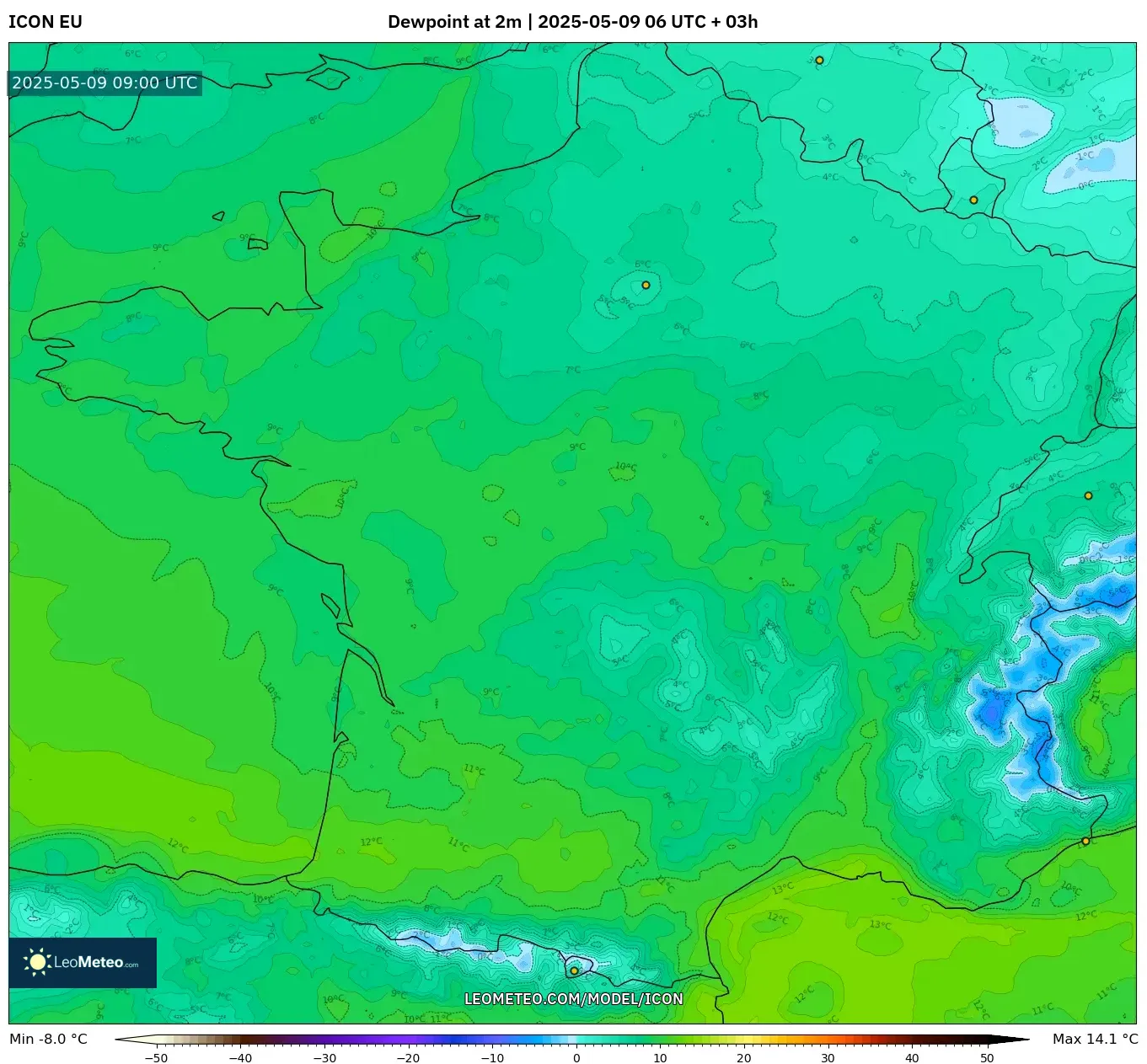 ICON - France, Dewpoint at 2m ICON - France, Dewpoint at 2m
