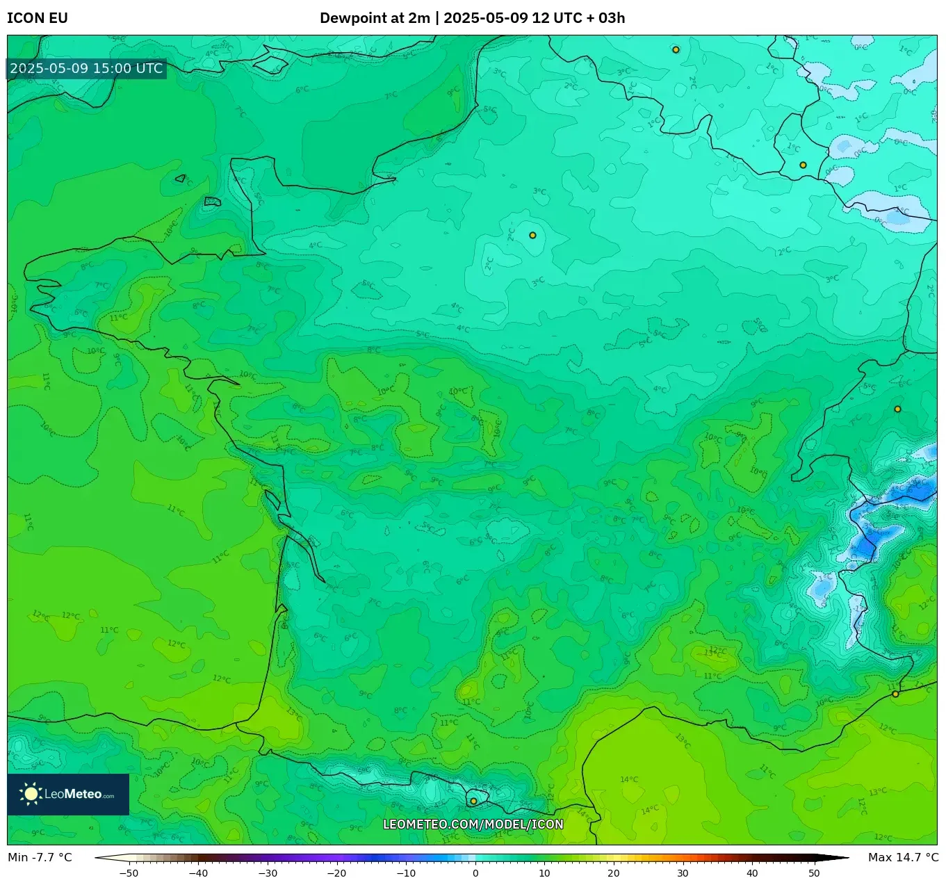ICON - France, Dewpoint at 2m ICON - France, Dewpoint at 2m