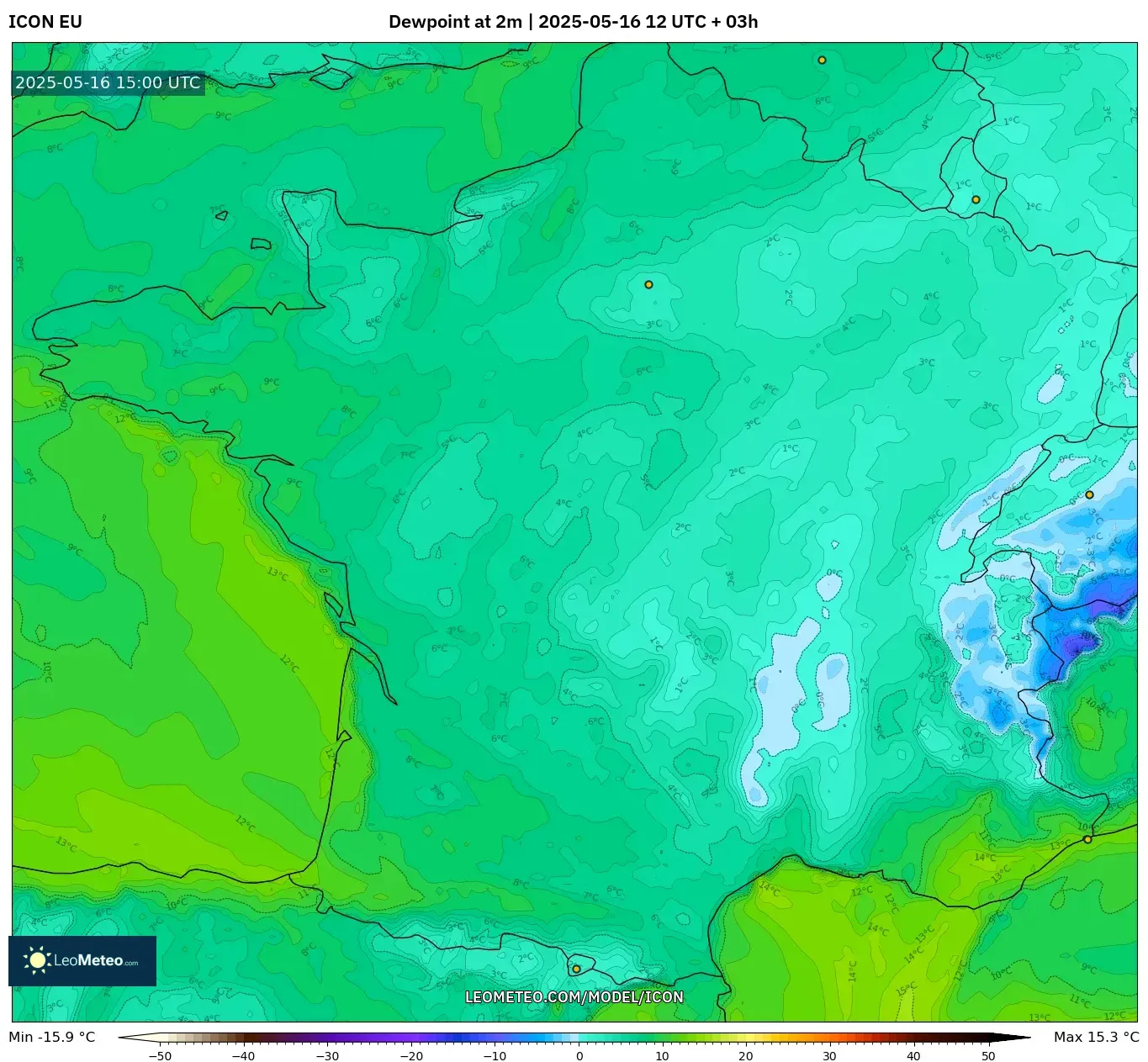 ICON model - France, Dewpoint at 2m ICON model - France, Dewpoint at 2m