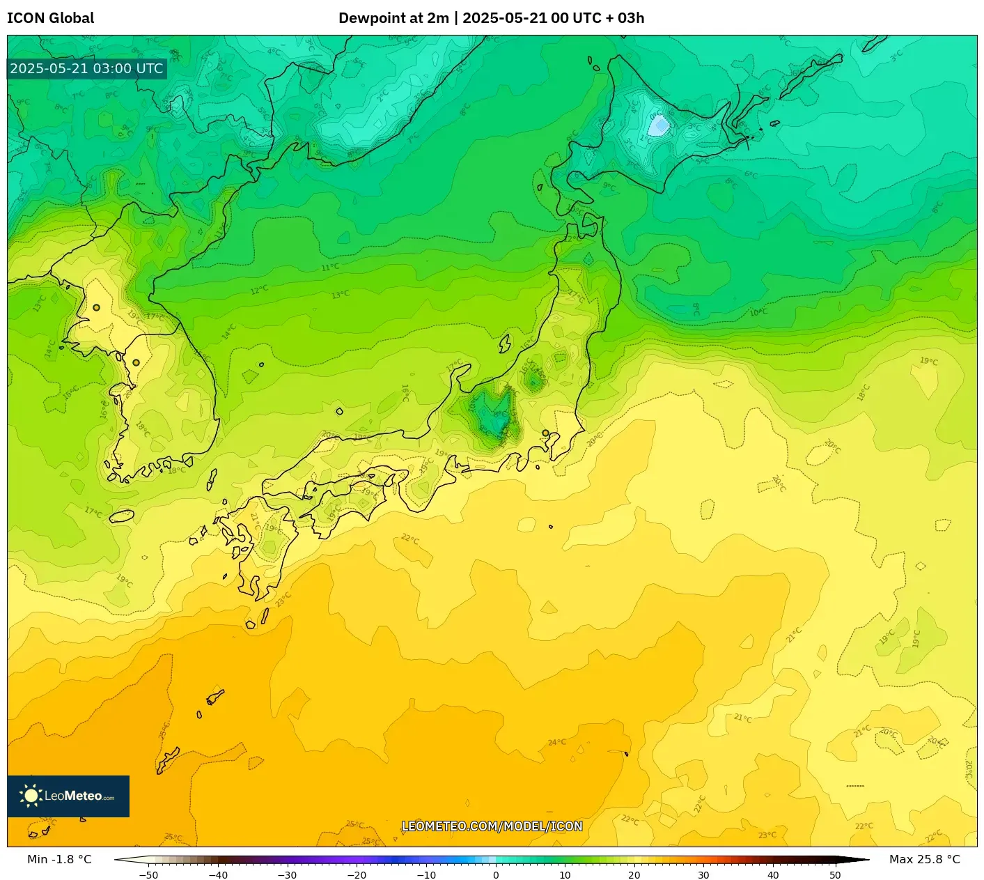ICON model - Japan, Dewpoint at 2m ICON model - Japan, Dewpoint at 2m