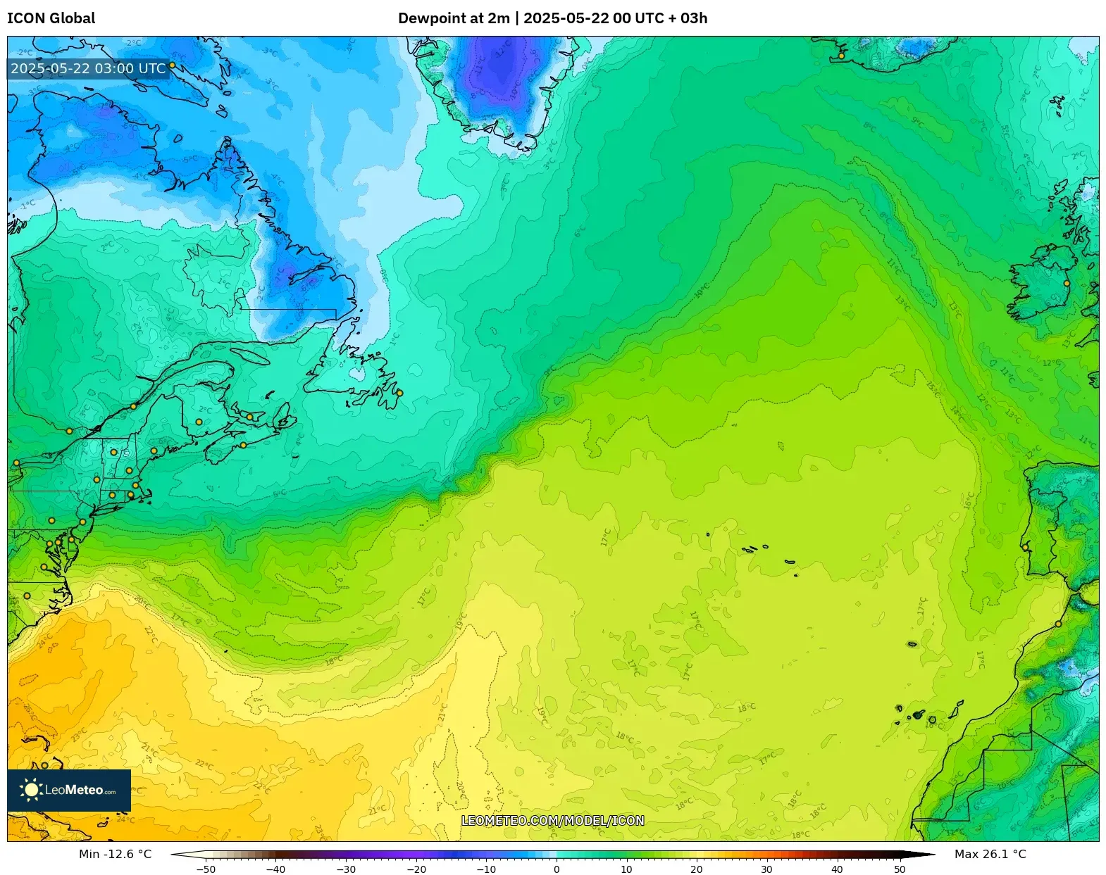 ICON model - North Atlantic, Dewpoint at 2m ICON model - North Atlantic, Dewpoint at 2m