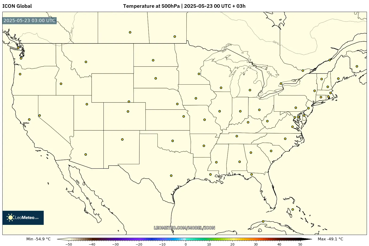 ICON model - United States, Temperature at 500hPa ICON model - United States, Temperature at 500hPa