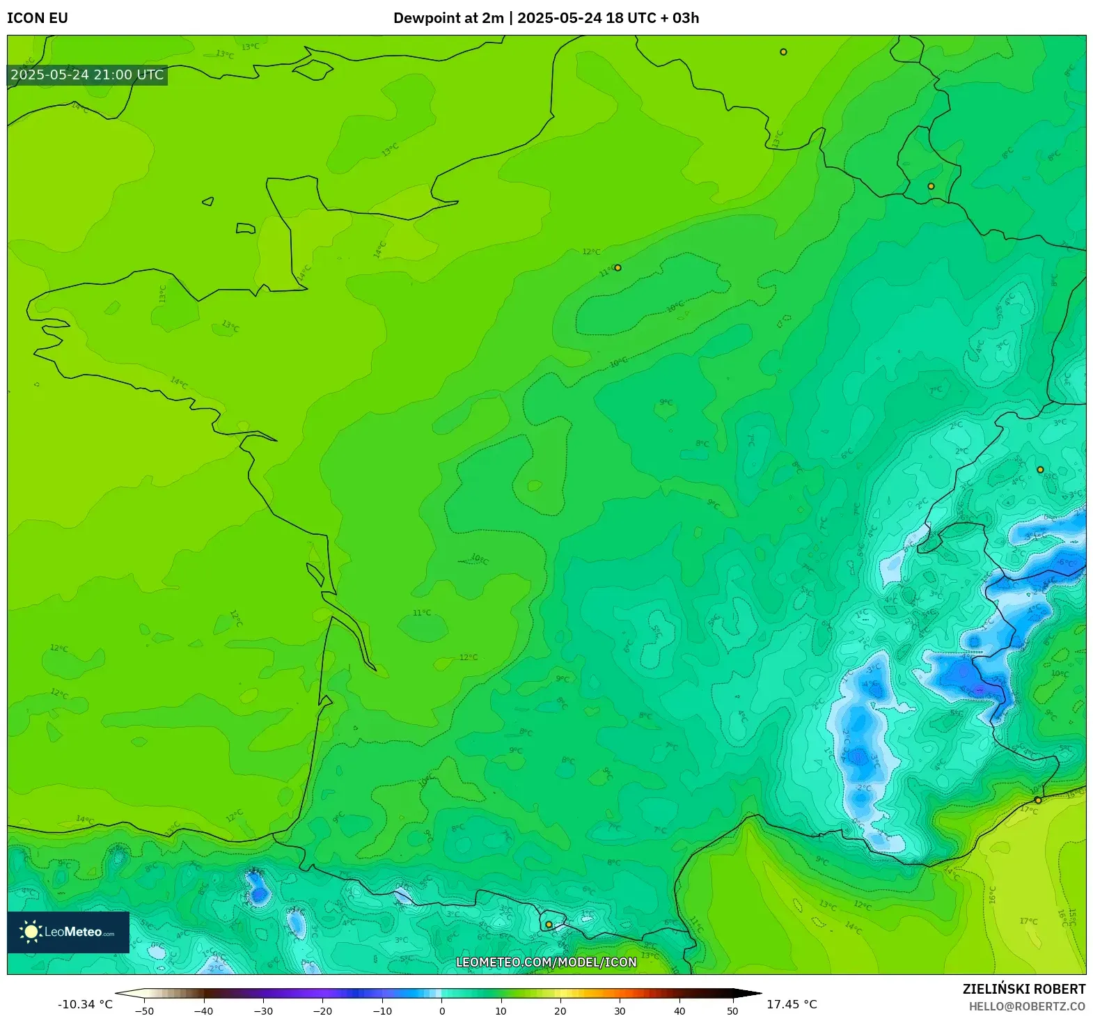 ICON model - France, Dewpoint at 2m