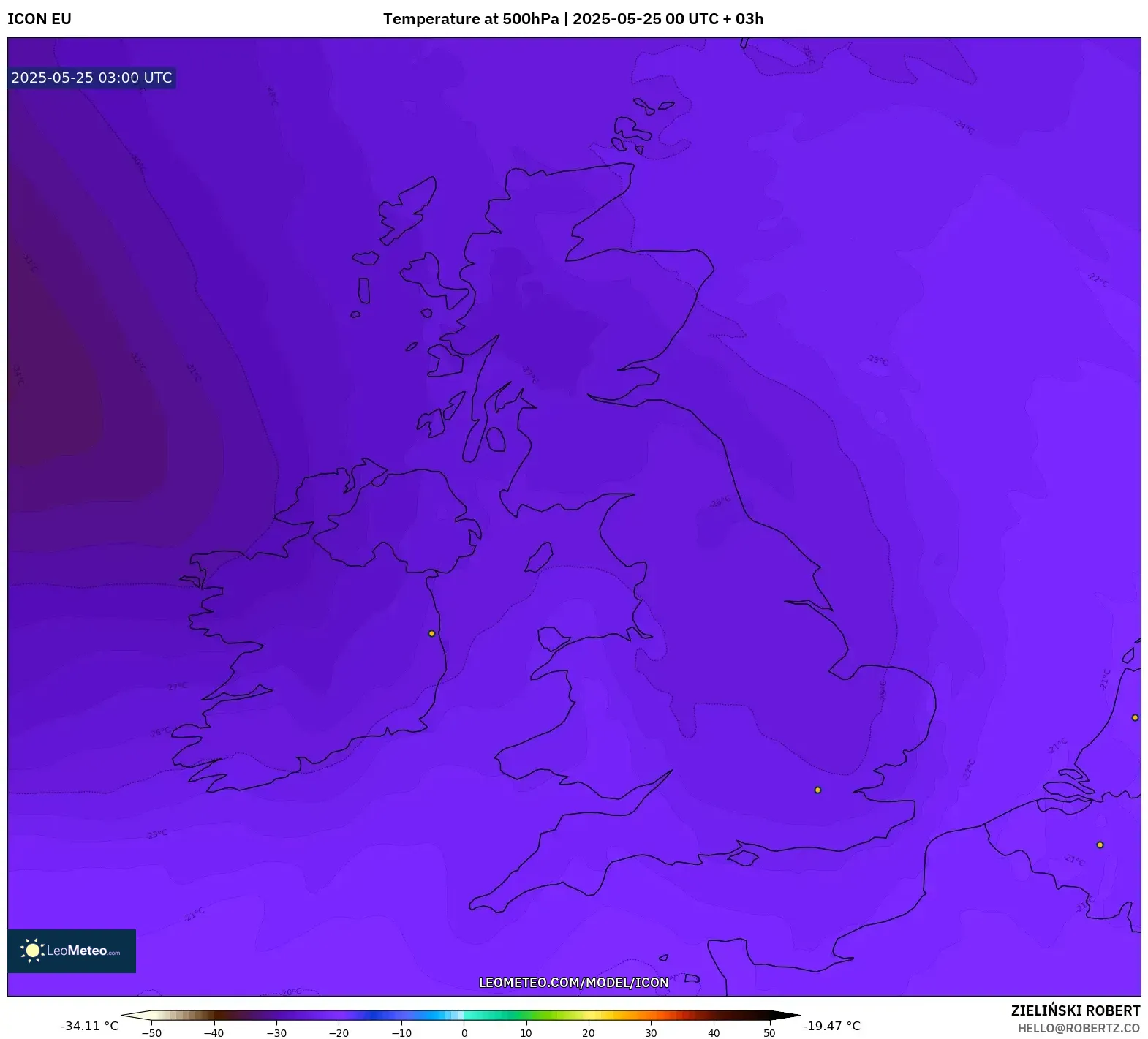 ICON model - United Kingdom, Temperature at 500hPa ICON model - United Kingdom, Temperature at 500hPa