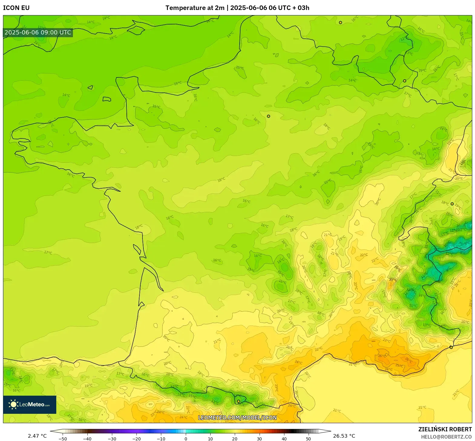 ICON model - France, Temperature at 2m ICON model - France, Temperature at 2m