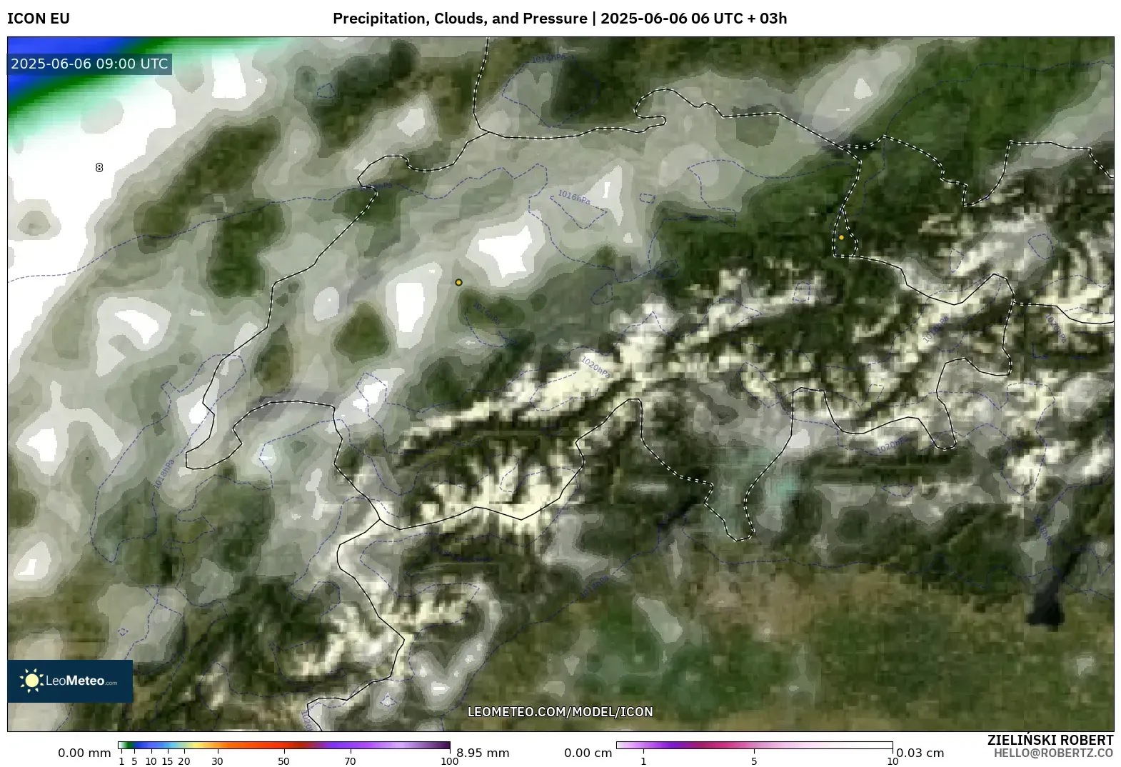 ICON model - Switzerland, Precipitation, Clouds, and Pressure ICON model - Switzerland, Precipitation, Clouds, and Pressure