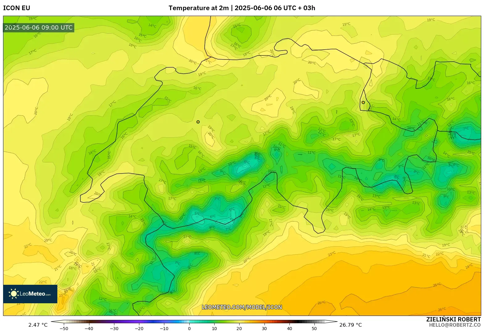 ICON model - Switzerland, Temperature at 2m ICON model - Switzerland, Temperature at 2m