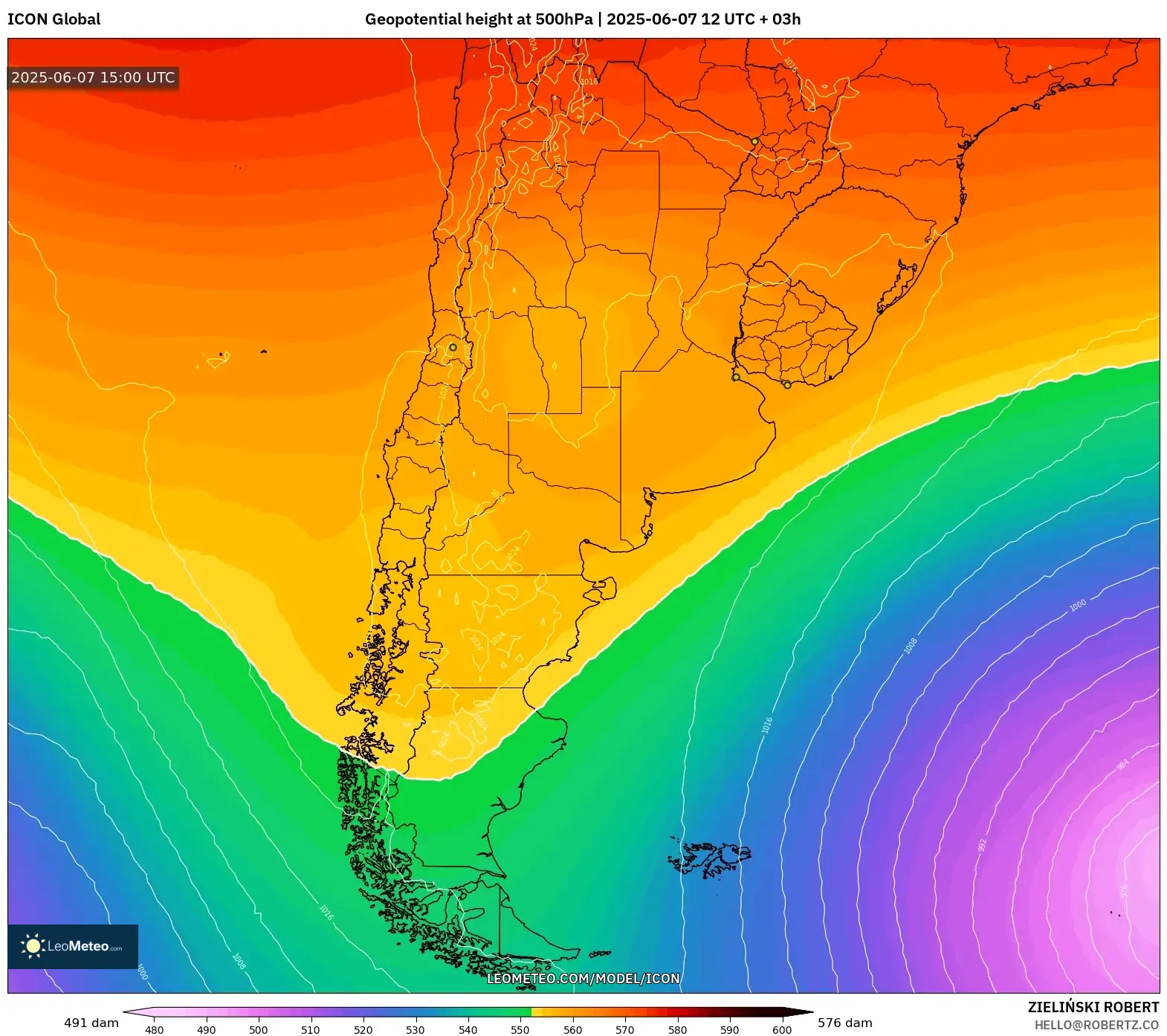 ICON model - Argentina, Ketinggian geopotensial pada 500 hPa ICON model - Argentina, Ketinggian geopotensial pada 500 hPa