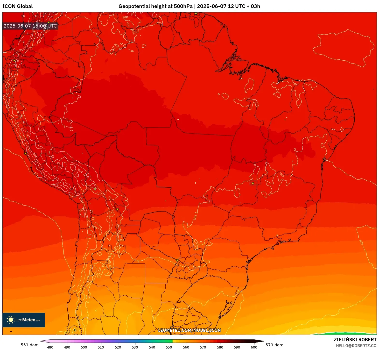 ICON model - Brasil, Ketinggian geopotensial pada 500 hPa ICON model - Brasil, Ketinggian geopotensial pada 500 hPa