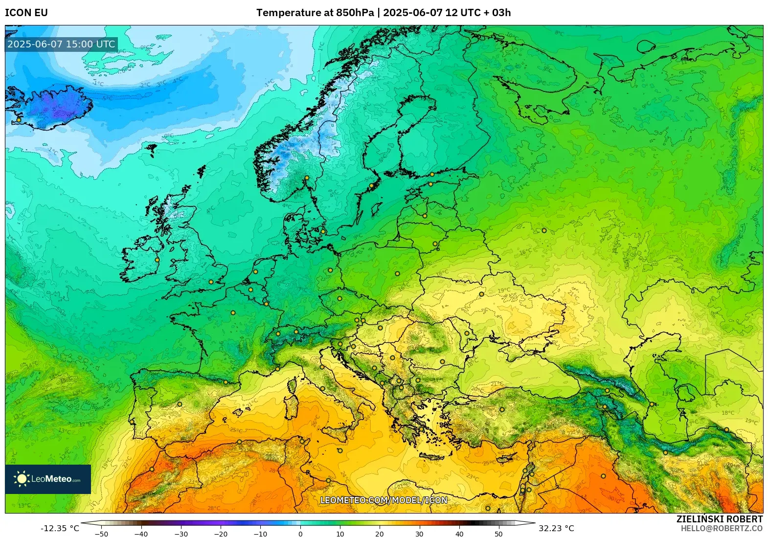 ICON model - Eropa, Suhu 850 hPa