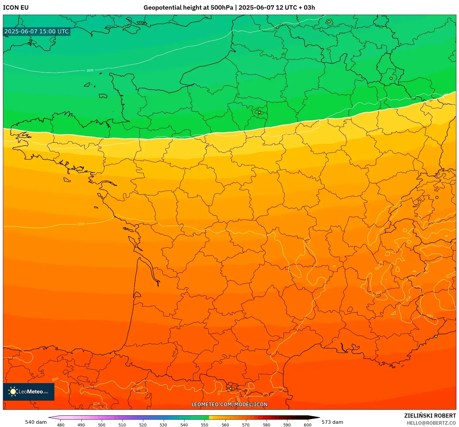 ICON model - Prancis, Ketinggian geopotensial pada 500 hPa ICON model - Prancis, Ketinggian geopotensial pada 500 hPa