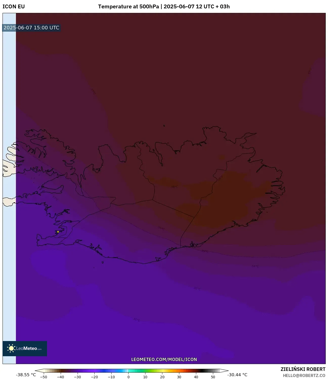 ICON model - Islandia, Suhu 500 hPa