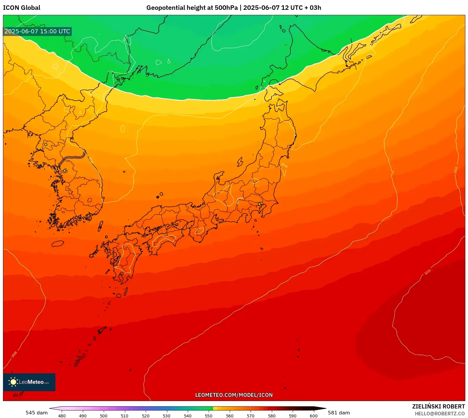 ICON model - Jepang, Ketinggian geopotensial pada 500 hPa ICON model - Jepang, Ketinggian geopotensial pada 500 hPa