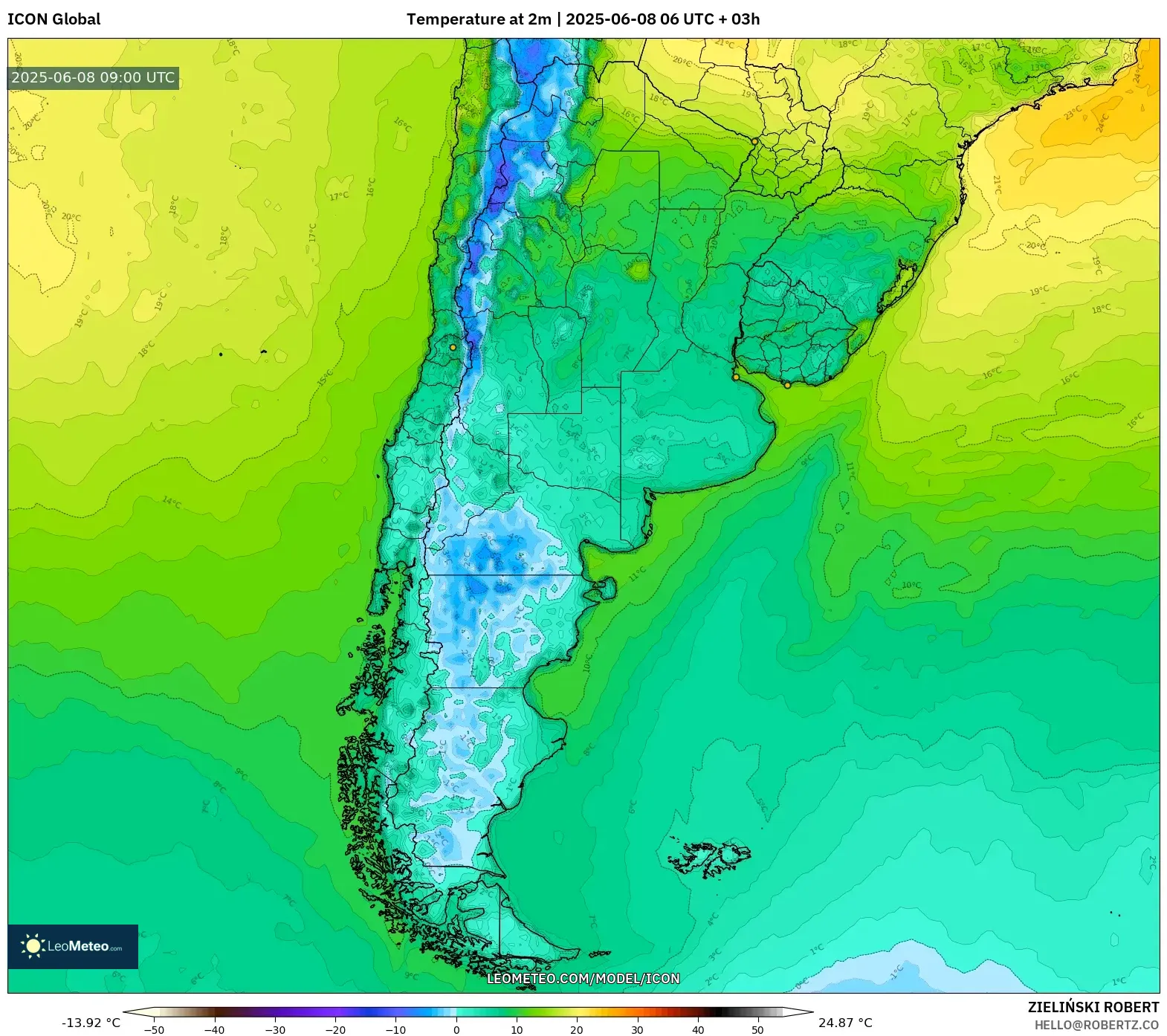 ICON model - Argentina, Temperature at 2m ICON model - Argentina, Temperature at 2m