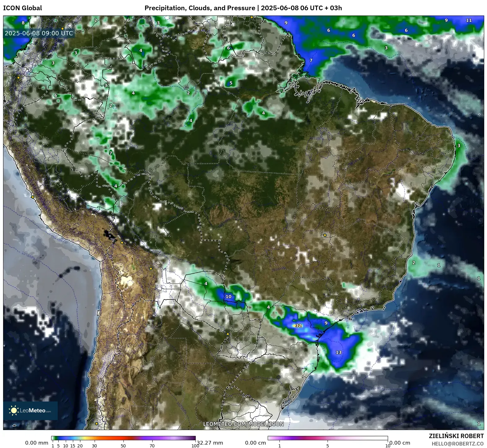 ICON model - Brazil, Precipitation, Clouds, and Pressure ICON model - Brazil, Precipitation, Clouds, and Pressure