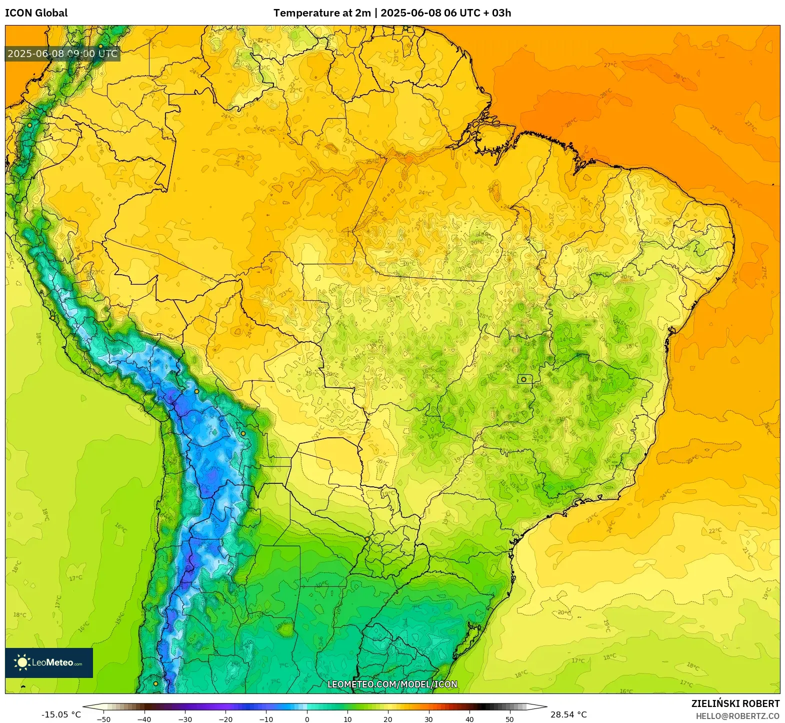 ICON model - Brazil, Temperature at 2m ICON model - Brazil, Temperature at 2m