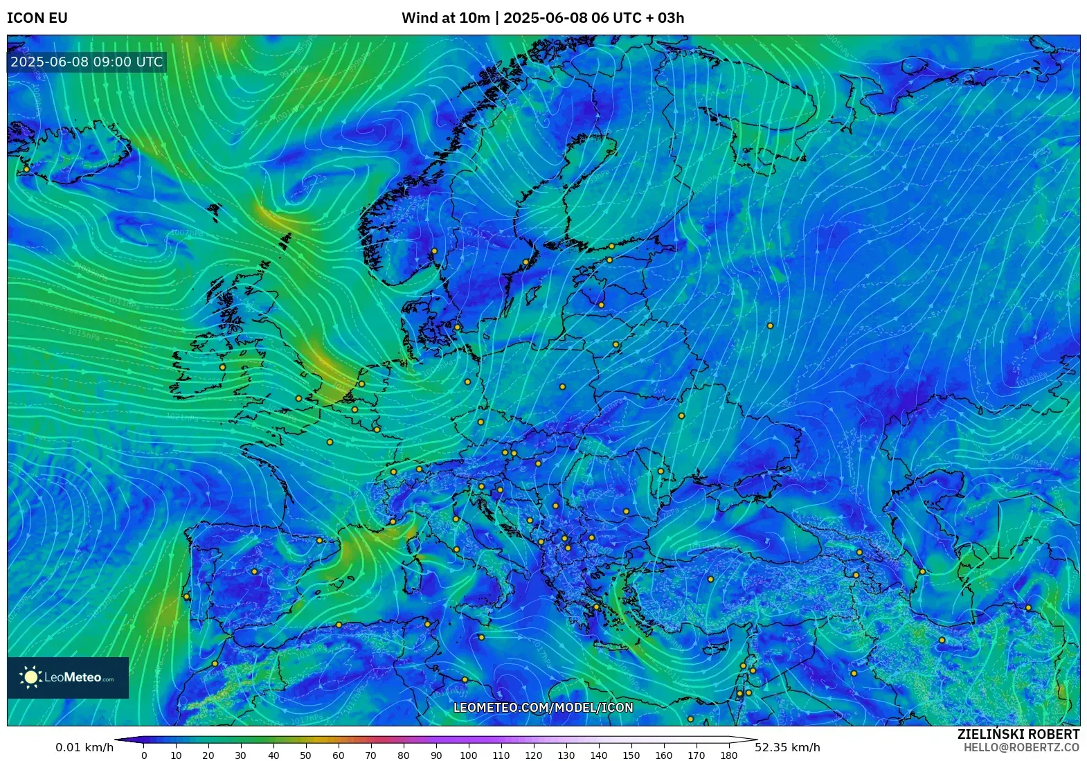 ICON model - Europe, Wind at 10m ICON model - Europe, Wind at 10m