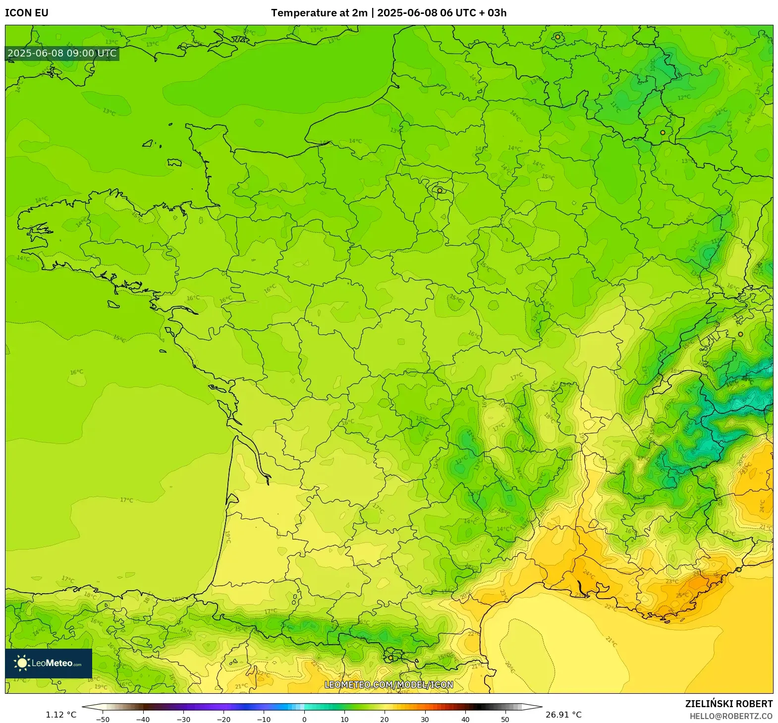 ICON model - France, Temperature at 2m ICON model - France, Temperature at 2m