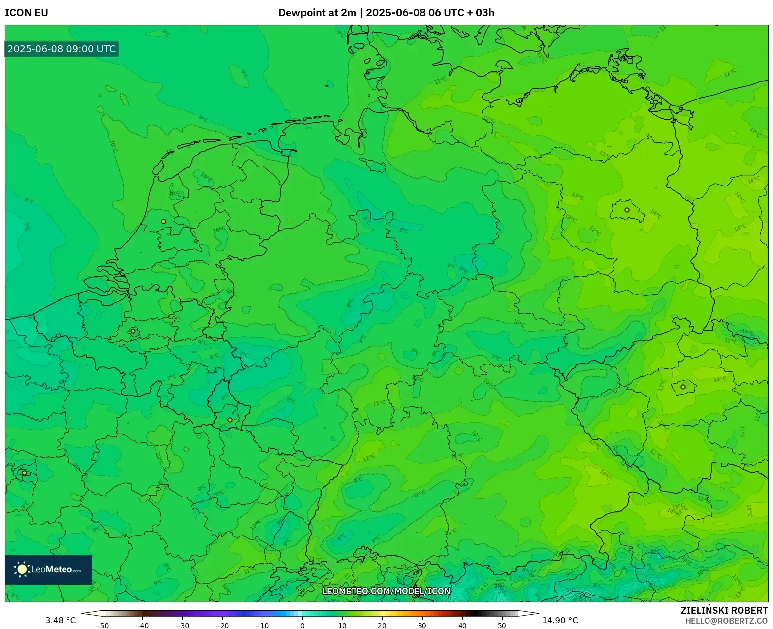 ICON model - Germany, Dewpoint at 2m ICON model - Germany, Dewpoint at 2m