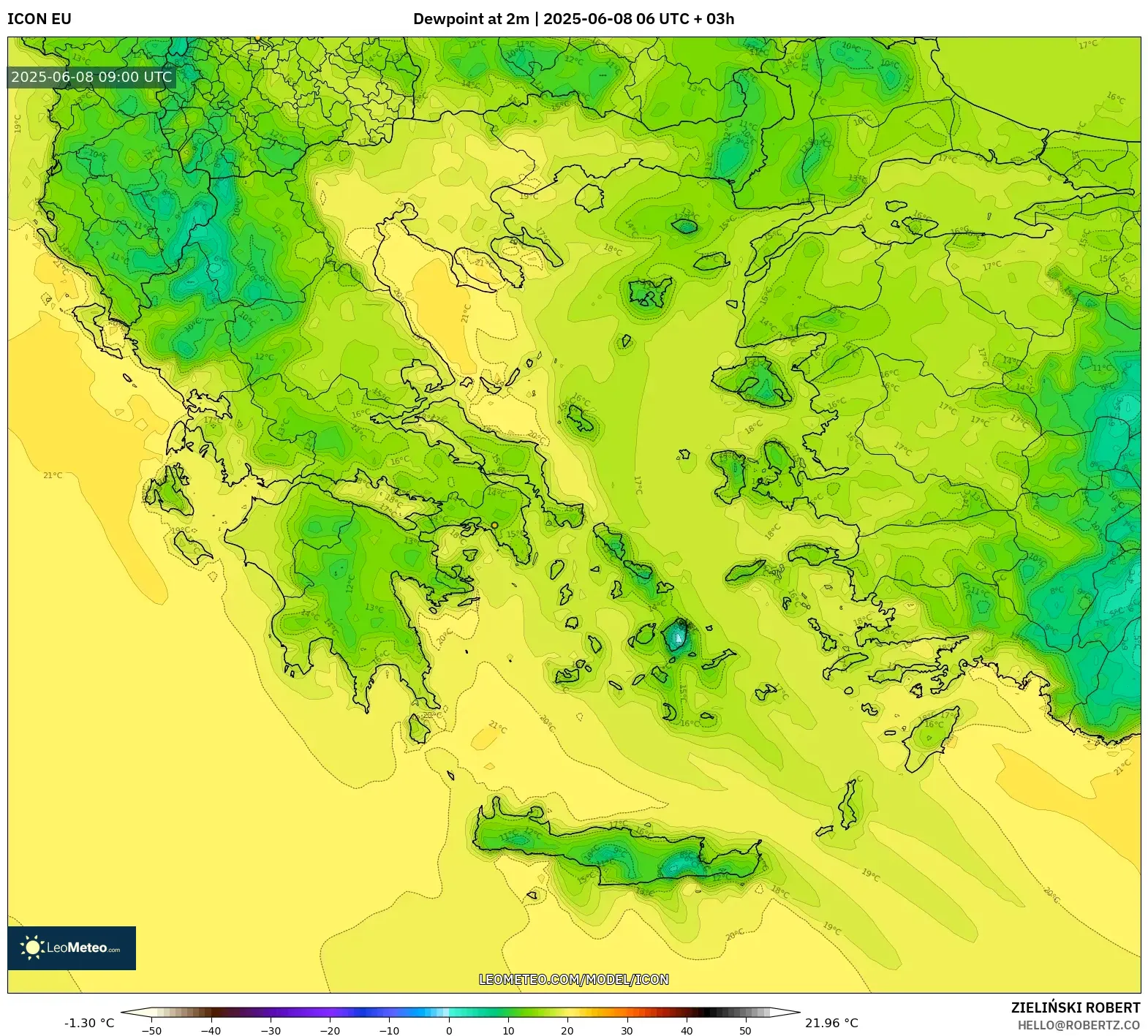 ICON model - Greece, Dewpoint at 2m