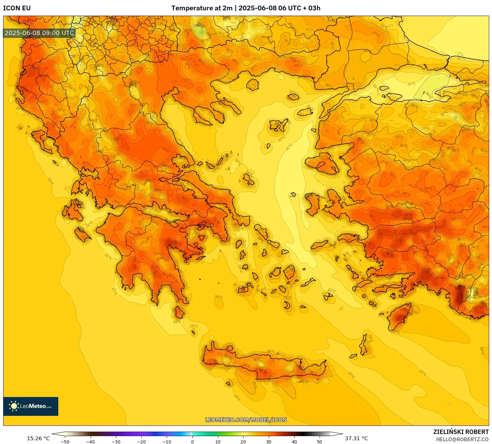 ICON model - Greece, Temperature at 2m ICON model - Greece, Temperature at 2m