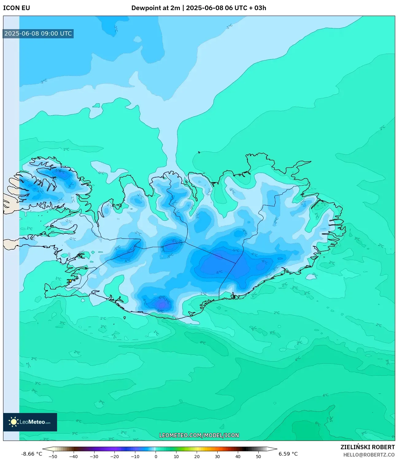 ICON model - Iceland, Dewpoint at 2m