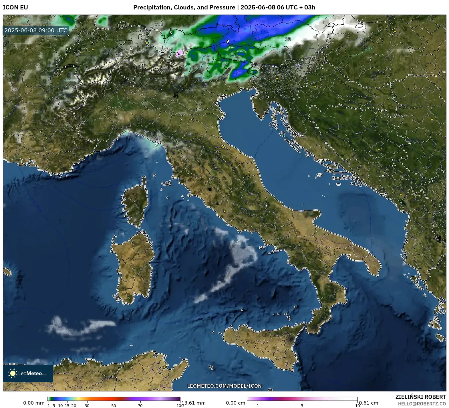 ICON model - Italy, Precipitation, Clouds, and Pressure