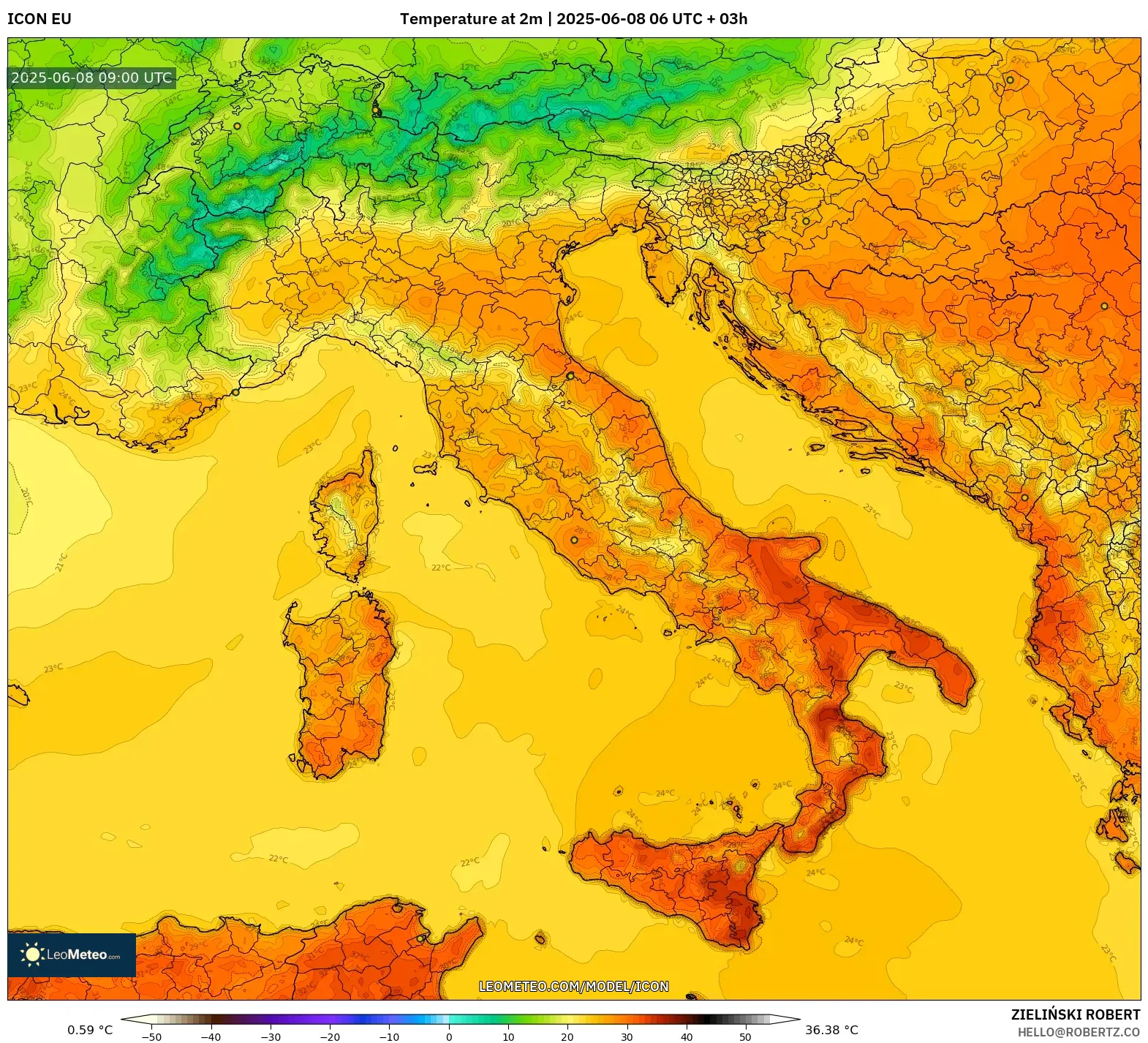 ICON model - Italy, Temperature at 2m ICON model - Italy, Temperature at 2m