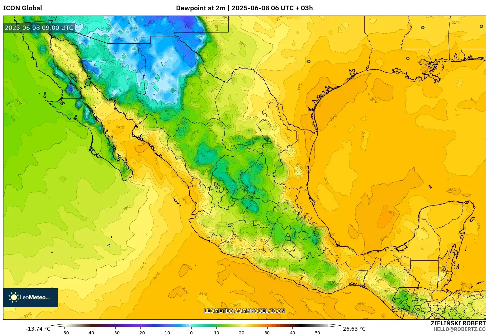 ICON model - Mexico, Dewpoint at 2m ICON model - Mexico, Dewpoint at 2m