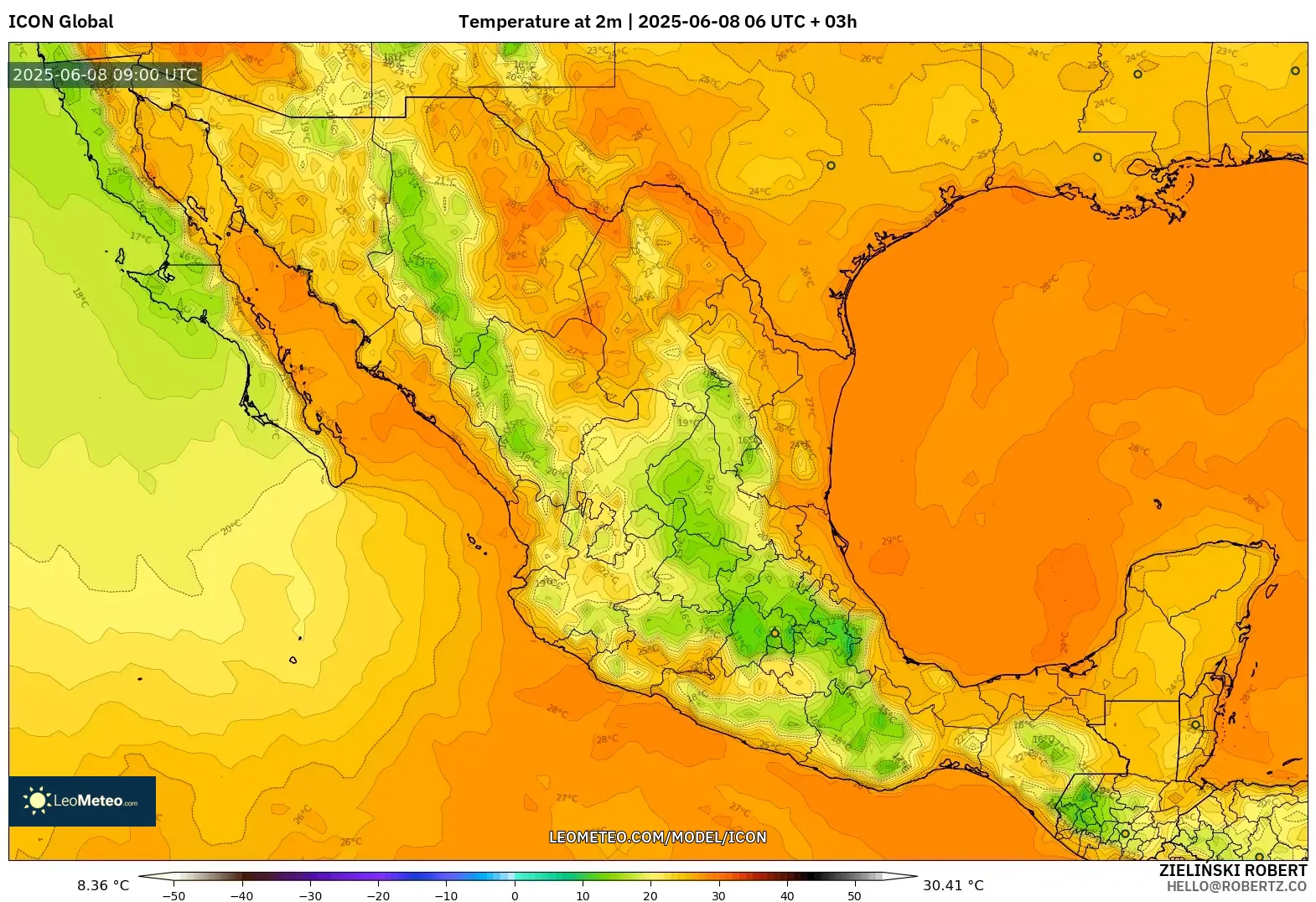 ICON model - Mexico, Temperature at 2m ICON model - Mexico, Temperature at 2m