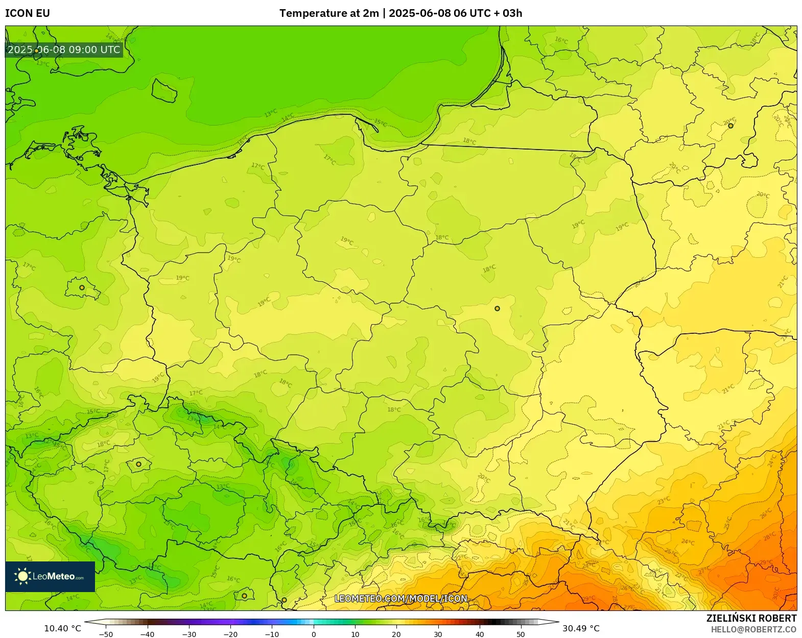ICON model - Poland, Temperature at 2m ICON model - Poland, Temperature at 2m
