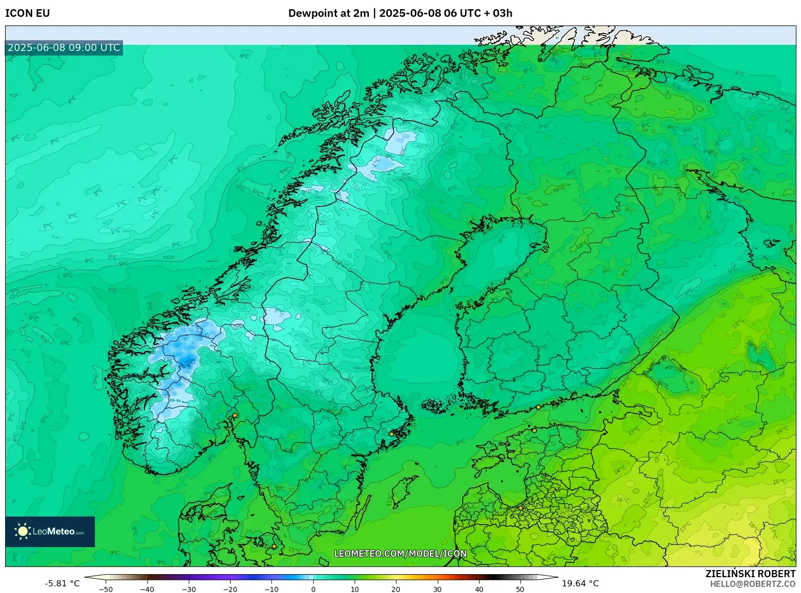 ICON model - Scandinavia, Dewpoint at 2m ICON model - Scandinavia, Dewpoint at 2m