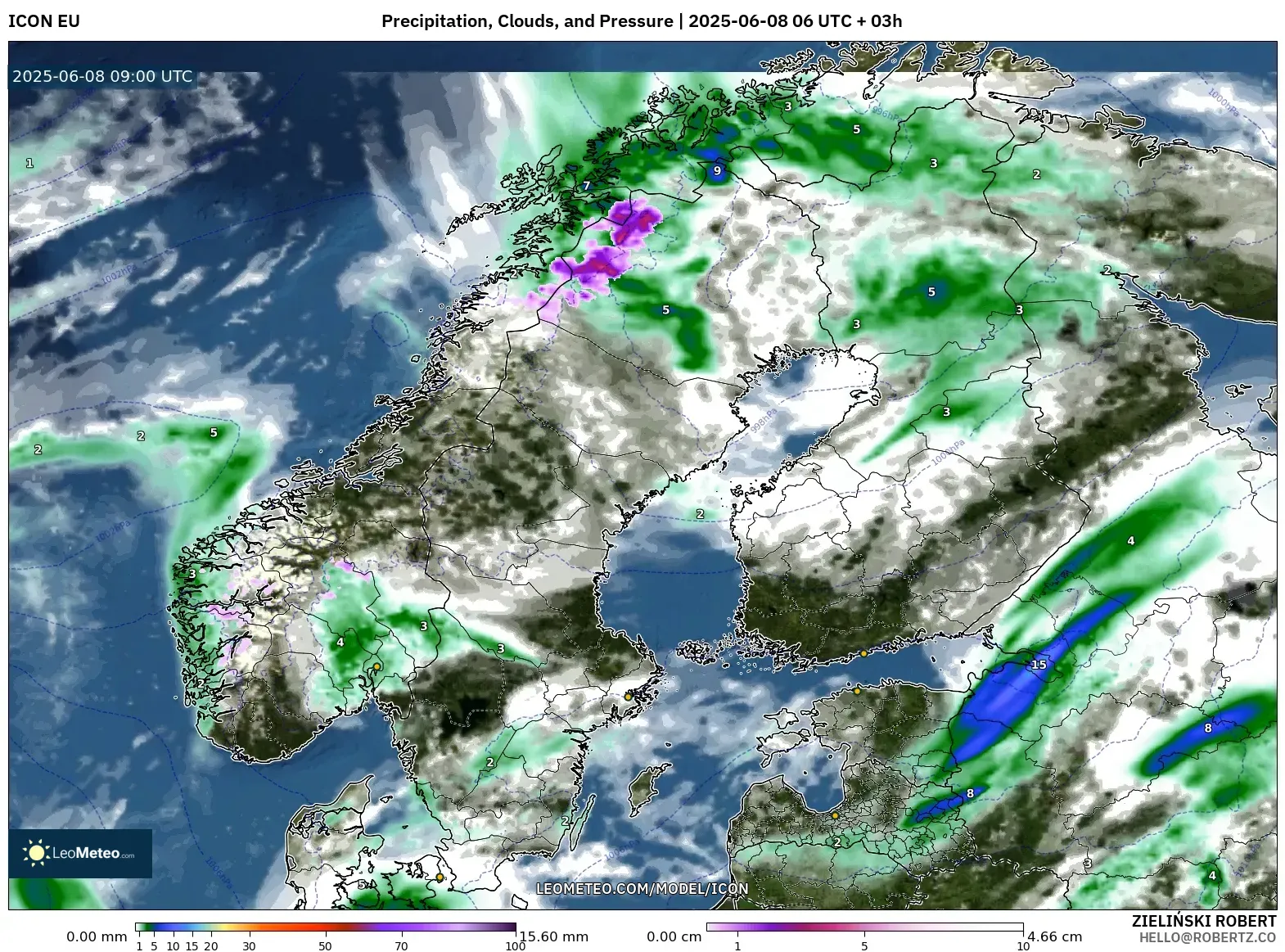 ICON model - Scandinavia, Precipitation, Clouds, and Pressure ICON model - Scandinavia, Precipitation, Clouds, and Pressure