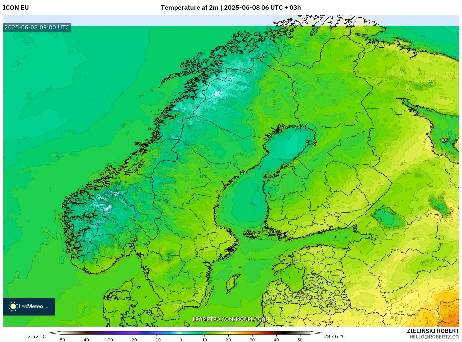ICON model - Scandinavia, Temperature at 2m ICON model - Scandinavia, Temperature at 2m