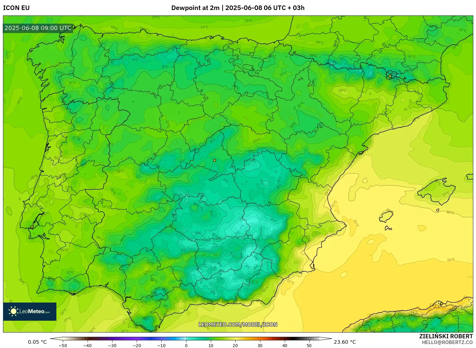 ICON model - Spain, Dewpoint at 2m ICON model - Spain, Dewpoint at 2m