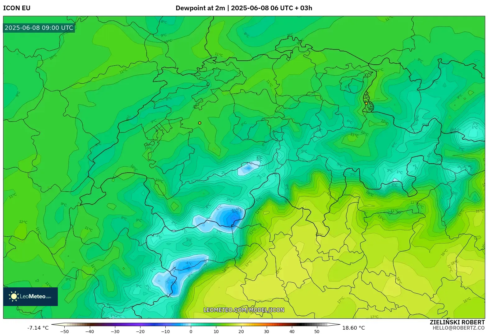 ICON model - Switzerland, Dewpoint at 2m ICON model - Switzerland, Dewpoint at 2m