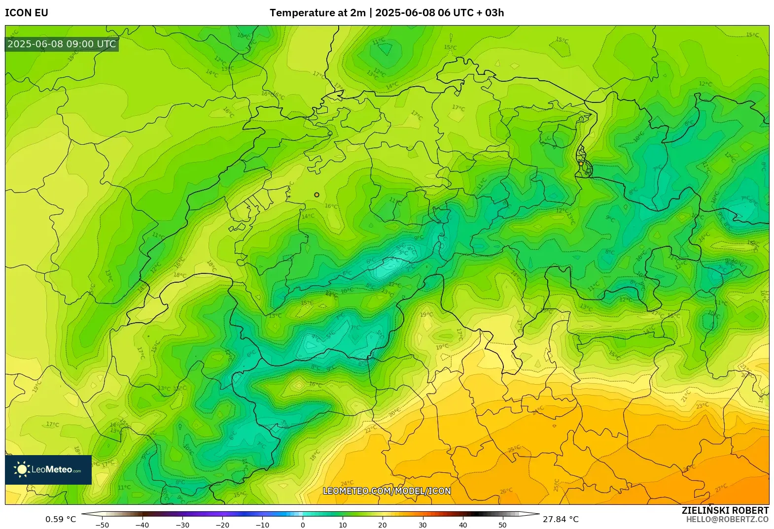 ICON model - Switzerland, Temperature at 2m ICON model - Switzerland, Temperature at 2m