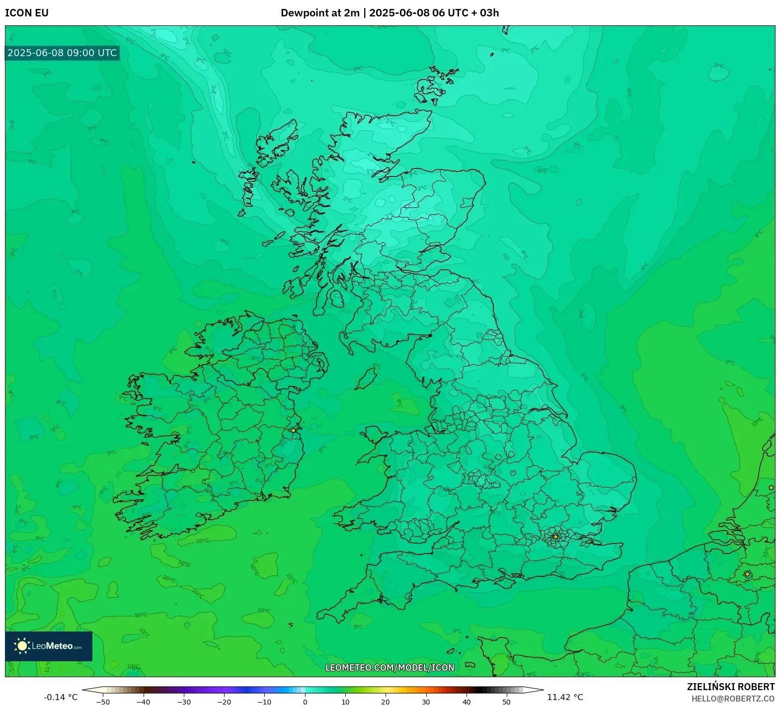 ICON model - United Kingdom, Dewpoint at 2m ICON model - United Kingdom, Dewpoint at 2m