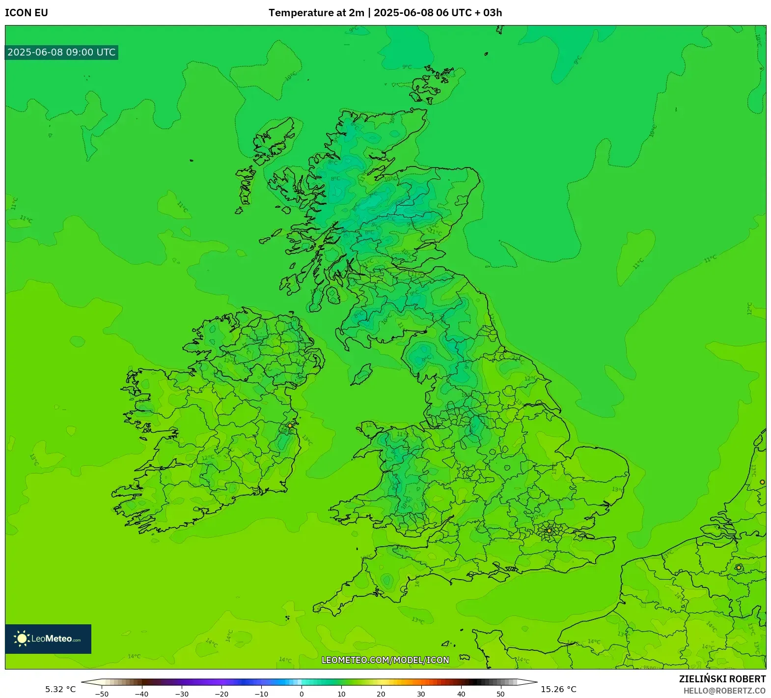 ICON model - United Kingdom, Temperature at 2m