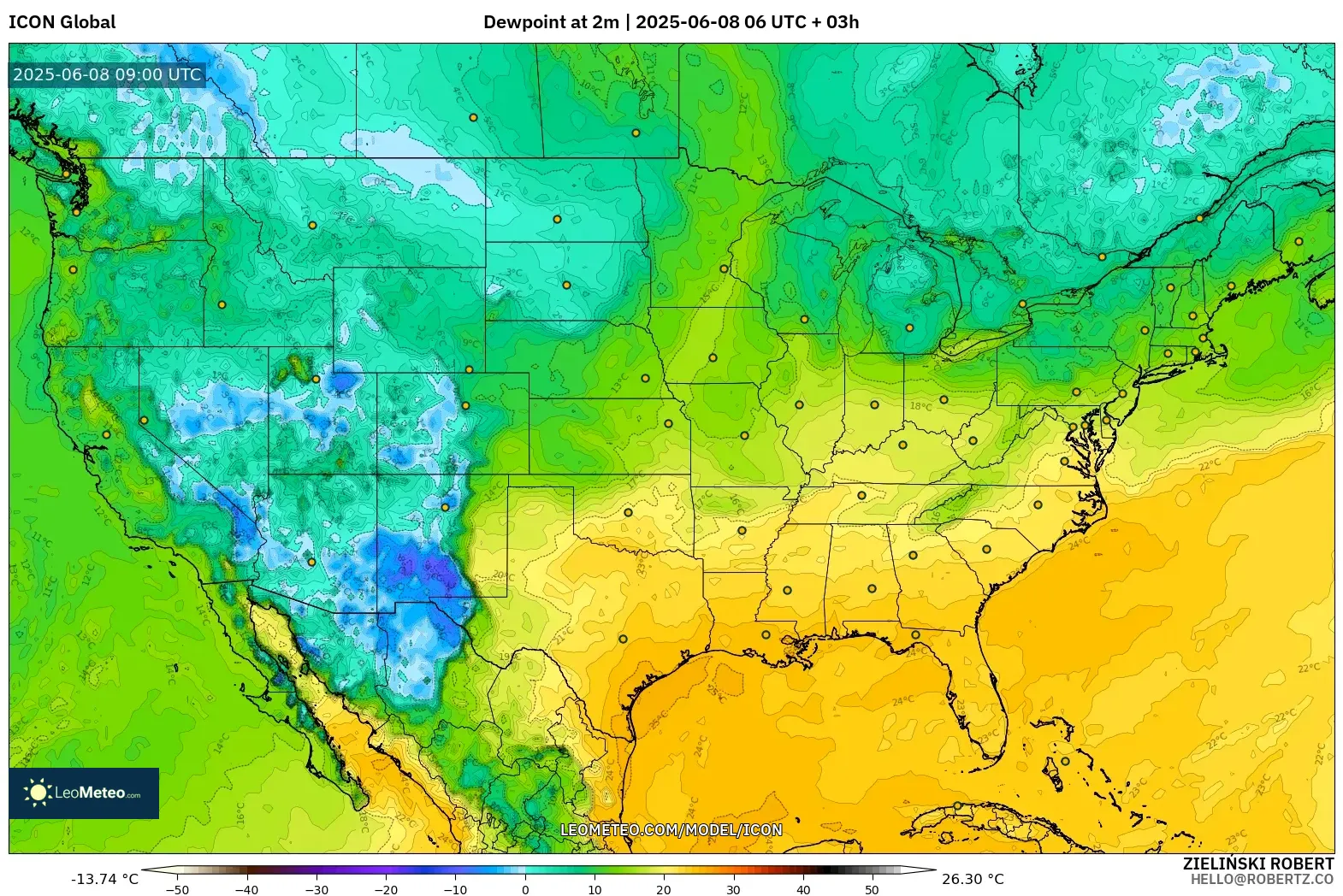 ICON model - United States, Dewpoint at 2m