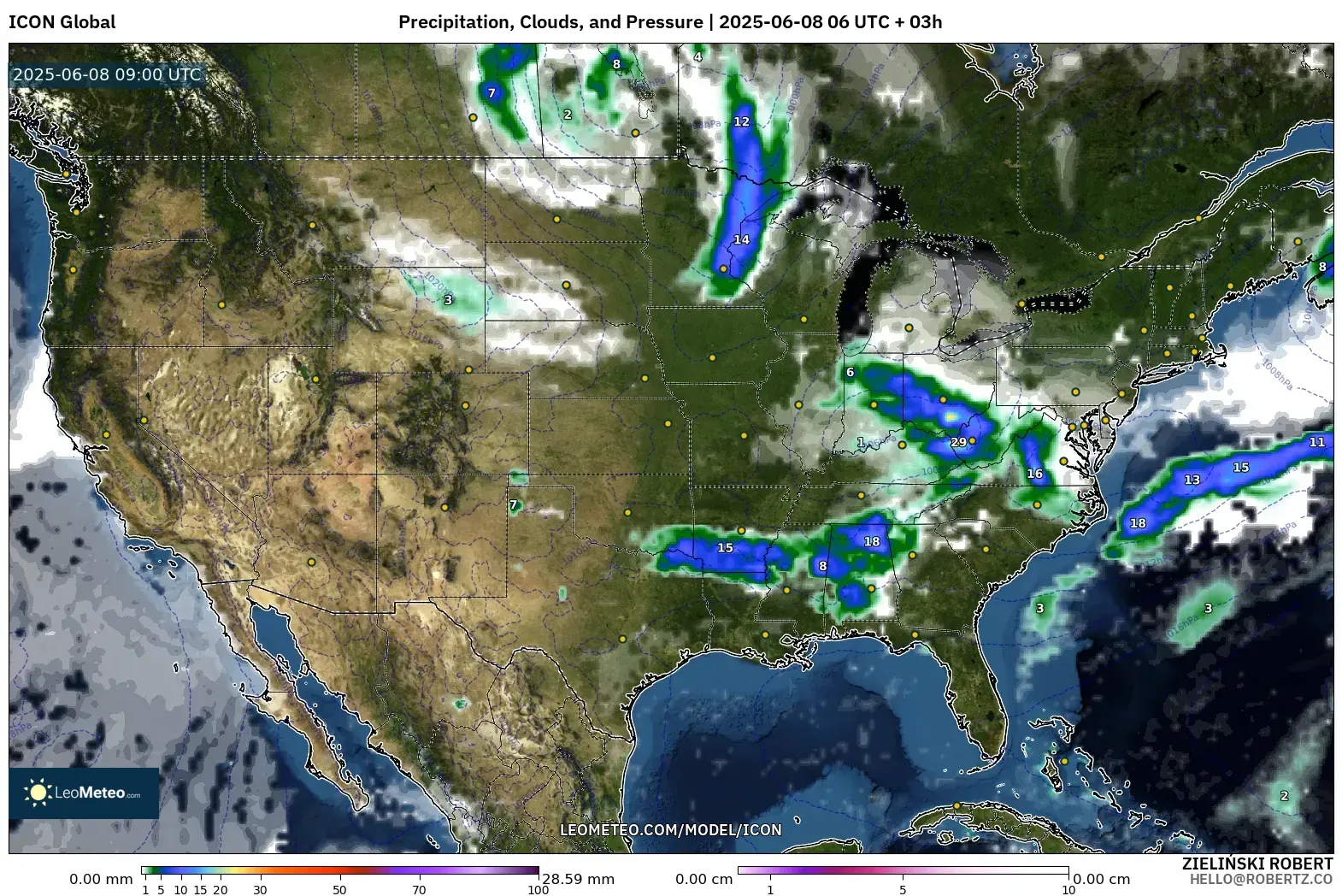 ICON model - United States, Precipitation, Clouds, and Pressure ICON model - United States, Precipitation, Clouds, and Pressure