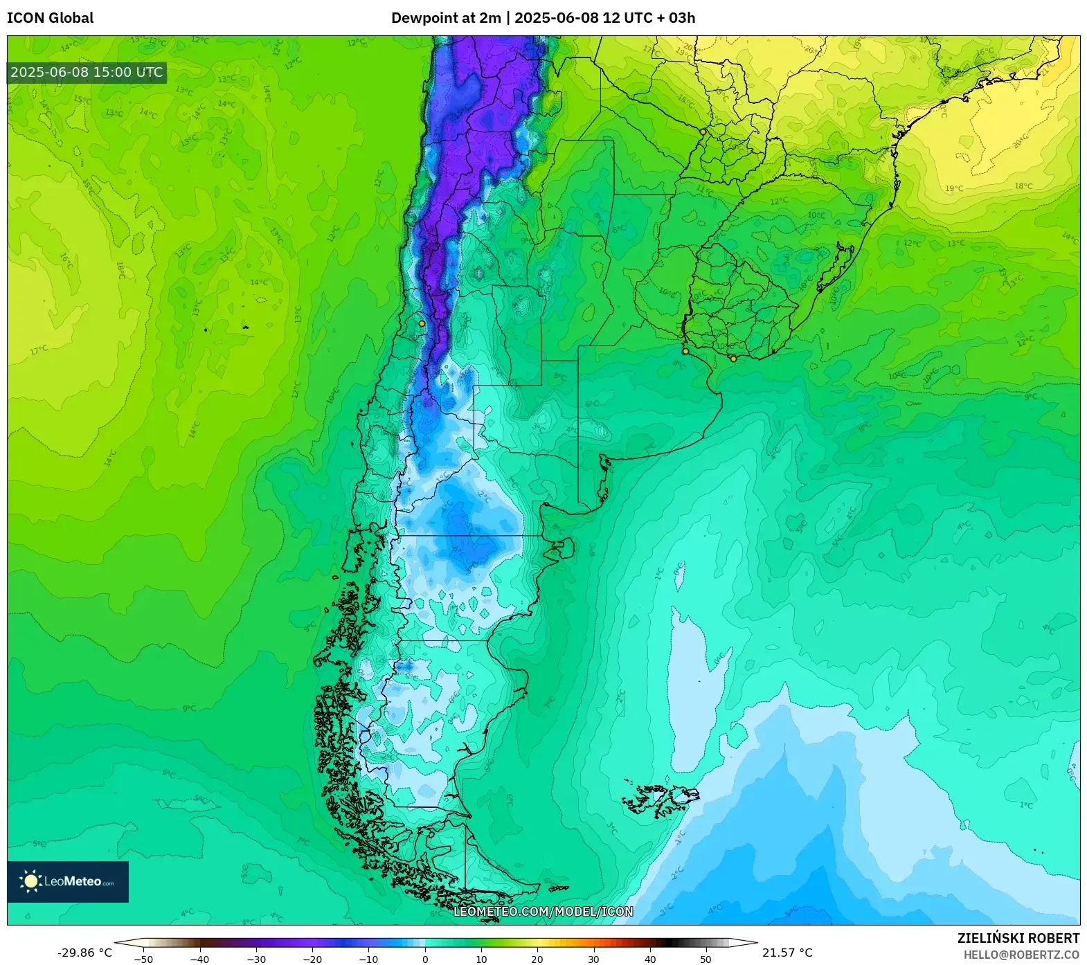 ICON model - Argentina, Dewpoint at 2m