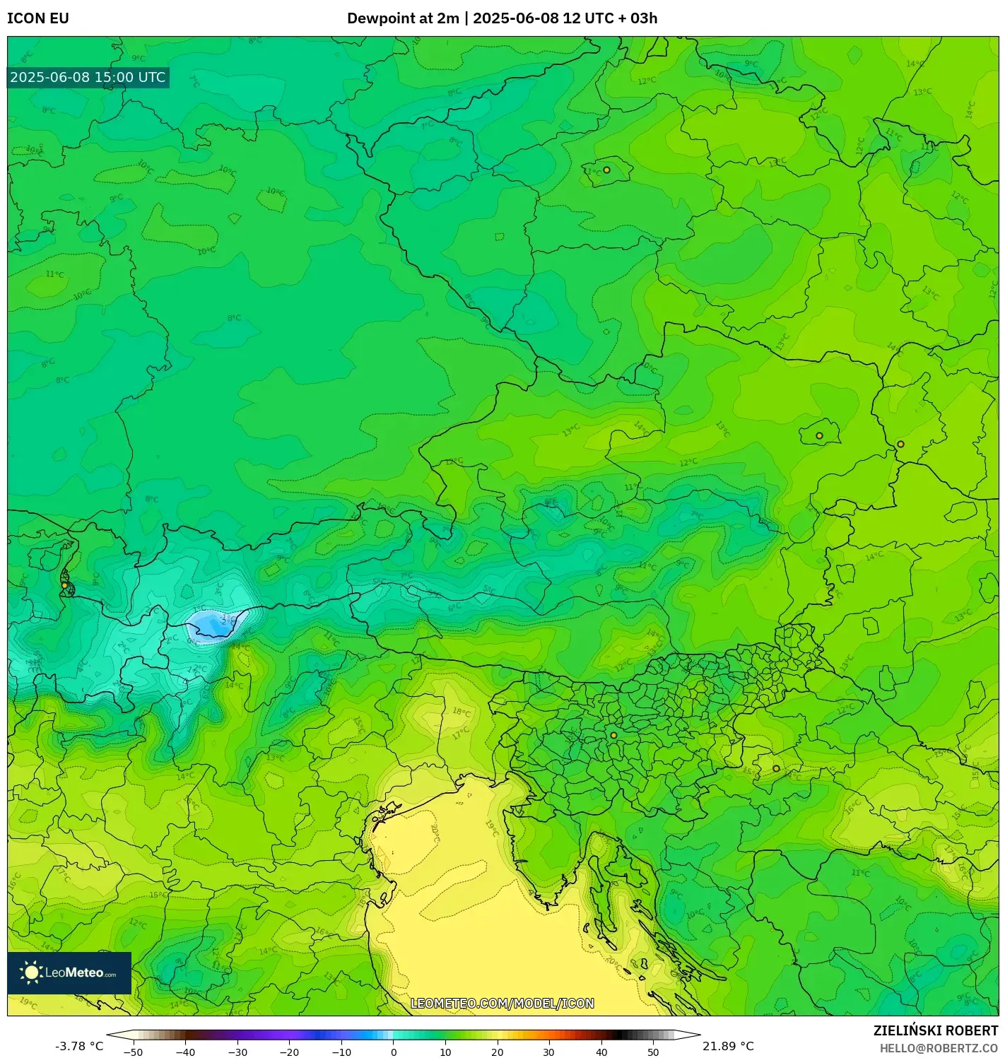 ICON model - Austria, Dewpoint at 2m ICON model - Austria, Dewpoint at 2m