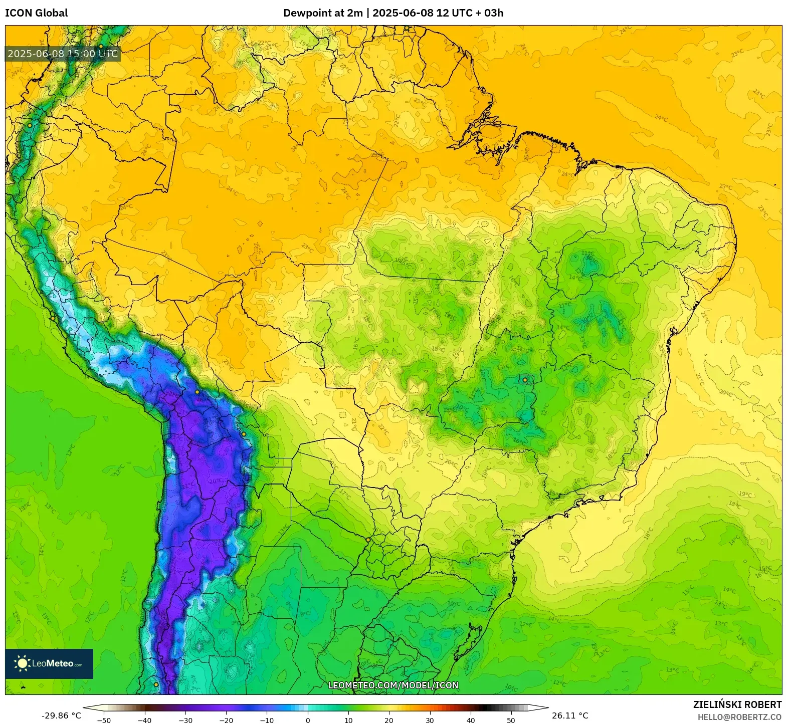 ICON model - Brazil, Dewpoint at 2m ICON model - Brazil, Dewpoint at 2m