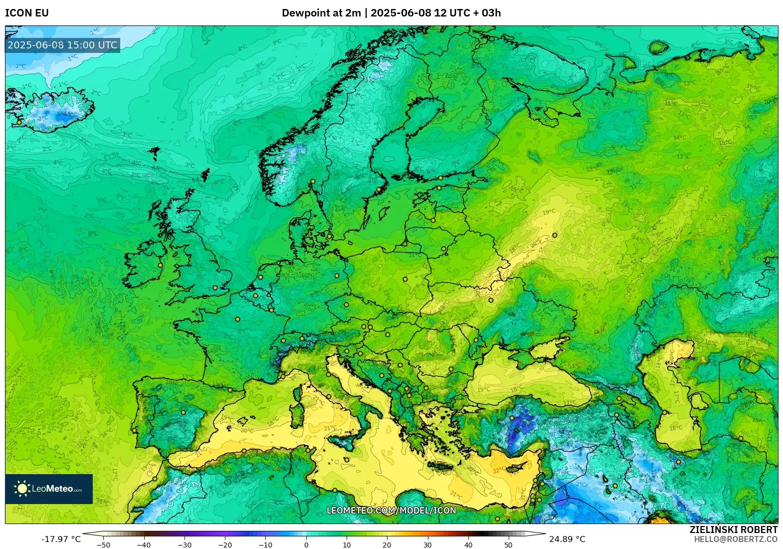 ICON model - Europe, Dewpoint at 2m ICON model - Europe, Dewpoint at 2m